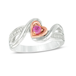 Lab-Created Pink Sapphire and Diamond Accent Tilted Heart Promise Ring in Sterling Silver and 10K Rose Gold