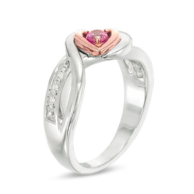 Lab-Created Pink Sapphire and Diamond Accent Tilted Heart Promise Ring in Sterling Silver and 10K Rose Gold