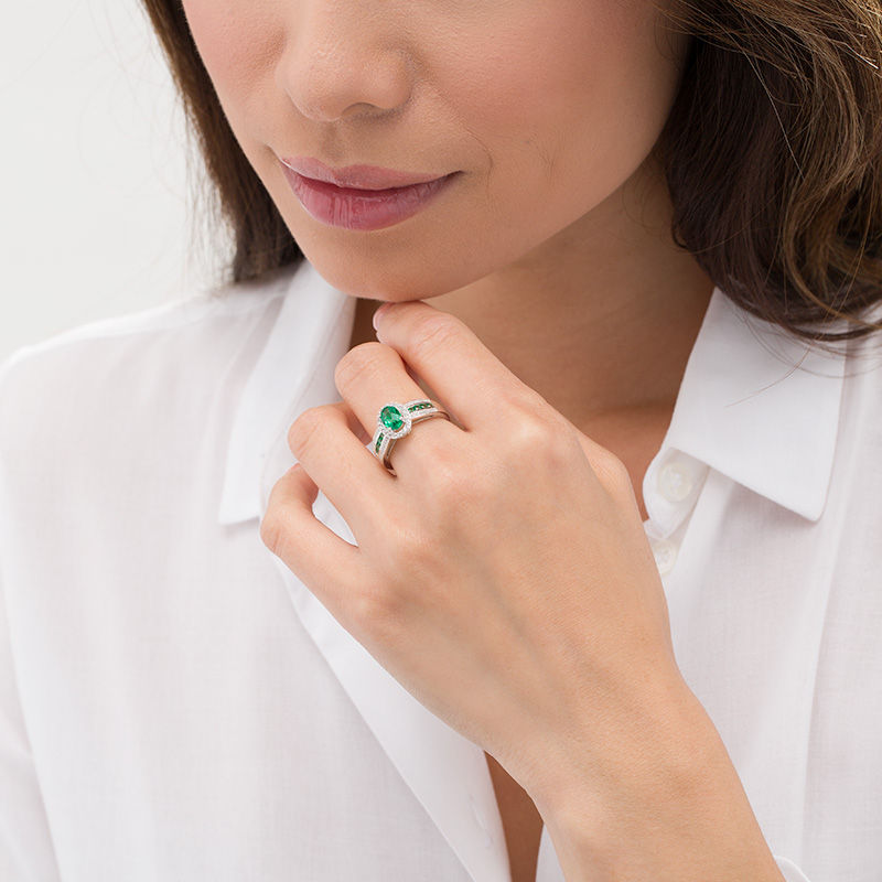 Oval Lab-Created Emerald and White Sapphire Frame Triple Row Ring in Sterling Silver|Peoples Jewellers