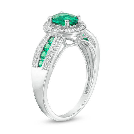 Oval Lab-Created Emerald and White Sapphire Frame Triple Row Ring in Sterling Silver