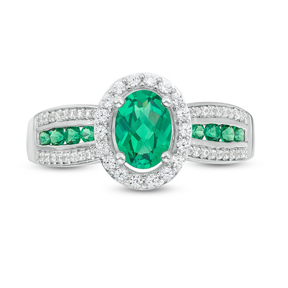 Oval Lab-Created Emerald and White Sapphire Frame Triple Row Ring in Sterling Silver