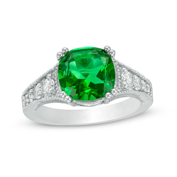 9.0mm Cushion-Cut Lab-Created Emerald and White Sapphire Vintage-Style Ring in Sterling Silver