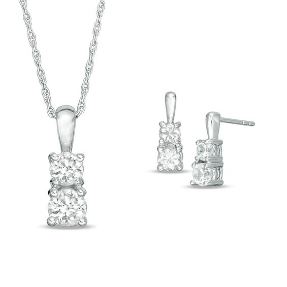 Lab-Created White Sapphire Duo Pendant and Earrings Set in Sterling Silver