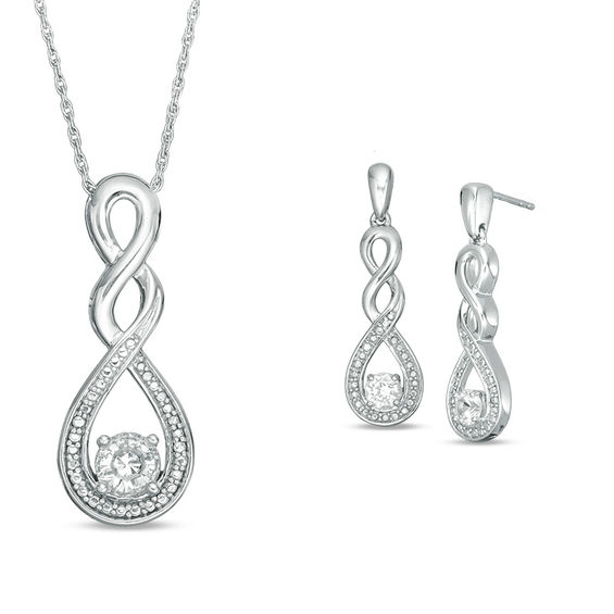 Lab-Created Sapphire and Beaded Cascading Infinity Pendant and Drop Earrings Set in Sterling Silver