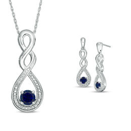 Lab-Created Blue Sapphire and Beaded Cascading Infinity Pendant and Drop Earrings Set in Sterling Silver