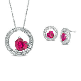 Heart-Shaped Lab-Created Ruby and Diamond Accent Circle Pendant and Stud Earrings Set in Sterling Silver