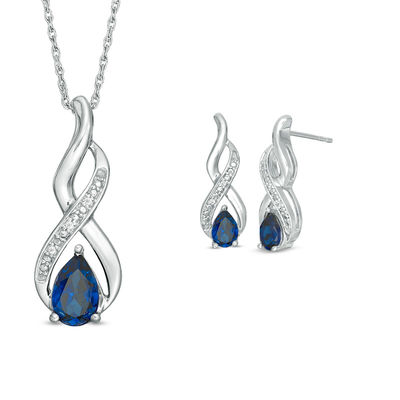 Pear-Shaped Lab-Created Blue Sapphire and Diamond Accent Flame Pendant and Drop Earrings Set in Sterling Silver