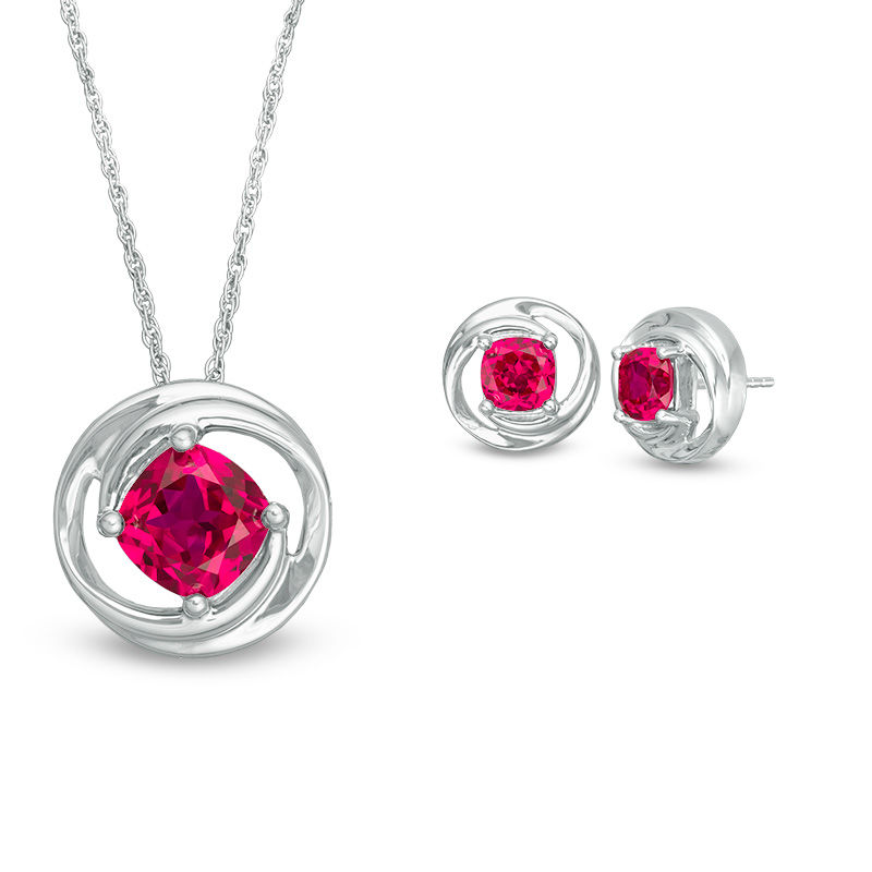 Cushion-Cut Lab-Created Ruby Solitaire Swirl Pendant and Stud Earrings Set in Sterling Silver|Peoples Jewellers