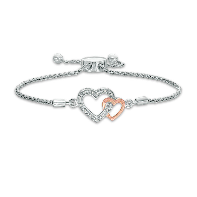 Diamond Accent Interlocking Hearts Bolo Bracelet in Sterling Silver and 10K Rose Gold - 9.5"|Peoples Jewellers