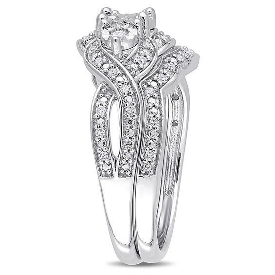 0.24 CT. T.W. Diamond Three Stone Frame Twist Bridal Set in Sterling Silver