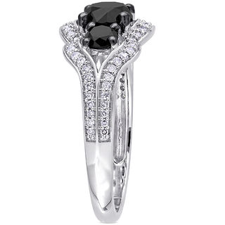 1.73 CT. T.W. Enhanced Black and White Diamond Three Stone Bypass Scallop Frame Engagement Ring in 10K White Gold