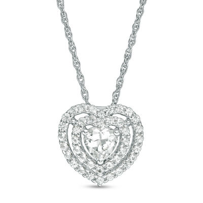 5.0mm Heart-Shaped Lab-Created White Sapphire Double Frame Pendant in Sterling Silver