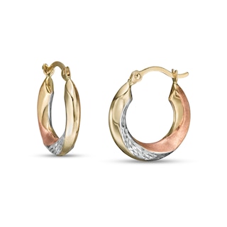 17.0mm Multi-Finish Knife Edge Twist Huggie Hoop Earrings in 14K Tri-Tone Gold