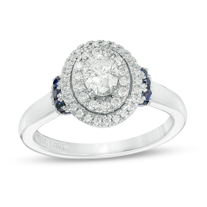 Vera Wang Love Collection 0.58 CT. T.W. Oval Diamond and Blue Sapphire Double Frame Engagement Ring in 14K White Gold|Peoples Jewellers