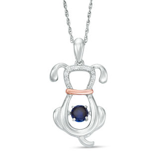 Unstoppable Love™ 4.0mm Lab-Created Blue Sapphire and Diamond Accent Dog Pendant in Sterling Silver and 10K Rose Gold