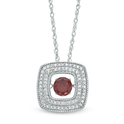 Unstoppable Love™ 5.0mm Garnet and 0.18 CT. T.W. Diamond Double Row Cushion Pendant in Sterling Silver