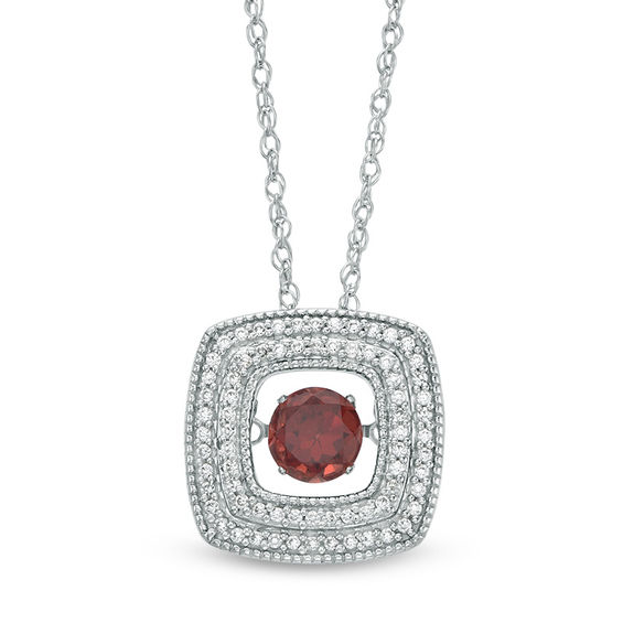 Unstoppable Love™ 5.0mm Garnet and 0.18 CT. T.W. Diamond Double Row Cushion Pendant in Sterling Silver