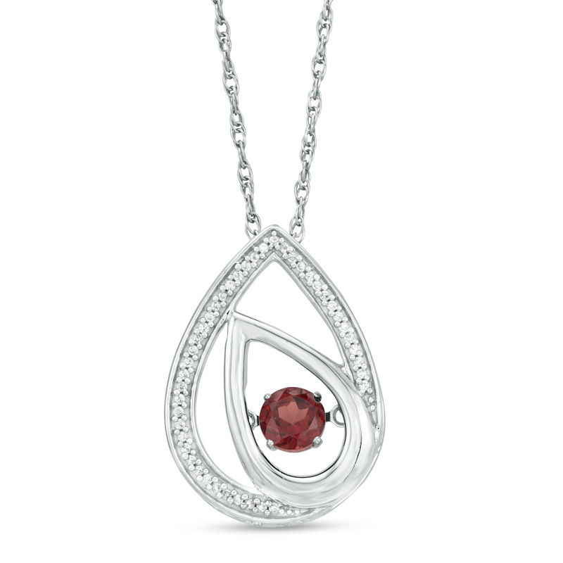 Unstoppable Love™ 4.5mm Garnet and 0.09 CT. T.W. Diamond Offset Teardrops Pendant in Sterling Silver|Peoples Jewellers