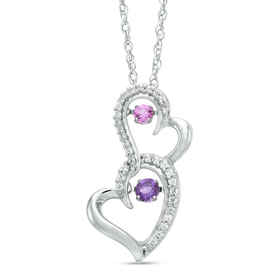 Unstoppable Love™ Amethyst, Lab-Created Pink Sapphire and 0.15 CT. T.W. Diamond Hearts Pendant in Sterling Silver