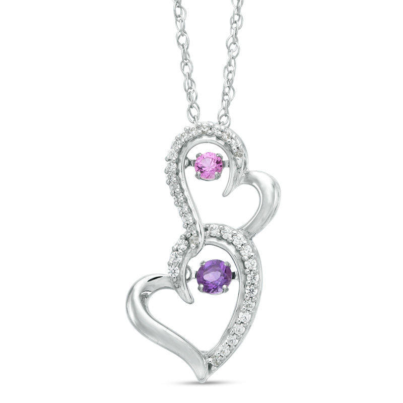 Unstoppable Love™ Amethyst, Lab-Created Pink Sapphire and 0.15 CT. T.W. Diamond Hearts Pendant in Sterling Silver|Peoples Jewellers