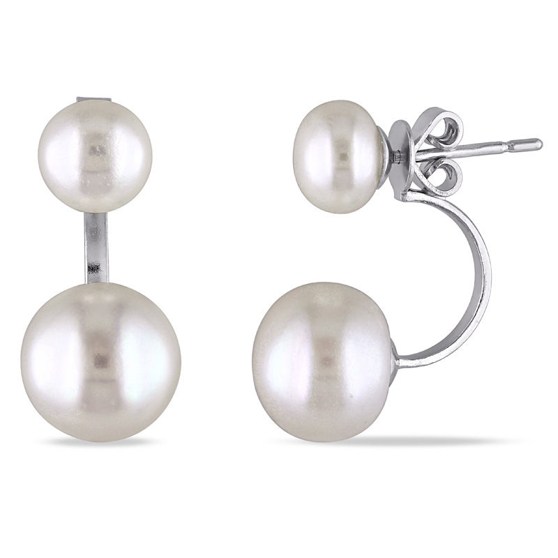 7.0-10.5mm Button Freshwater Cultured Pearl Front/Back Earrings in Sterling Silver