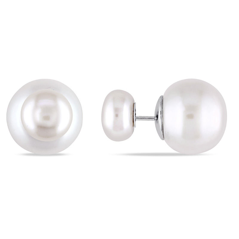 Front & Back Stud Earrings with Button Cultured Freshwater Pearls in  Sterling Silver