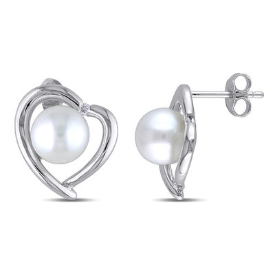 8.0-8.5mm Freshwater Cultured Pearl and 0.04 CT. T.W. Diamond Heart Frame Stud Earrings in Sterling Silver