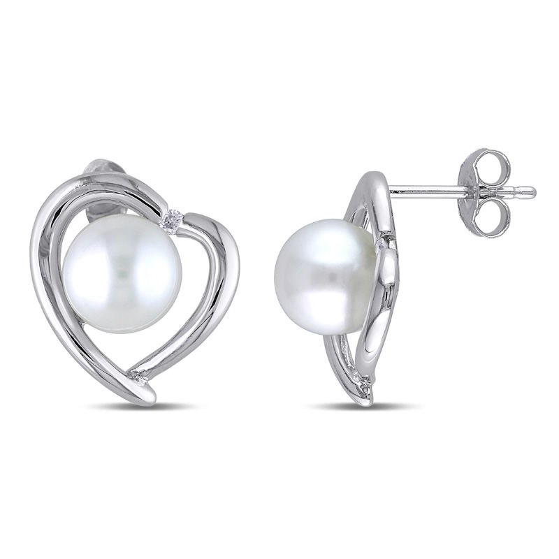 8.0-8.5mm Freshwater Cultured Pearl and 0.04 CT. T.W. Diamond Heart Frame Stud Earrings in Sterling Silver|Peoples Jewellers