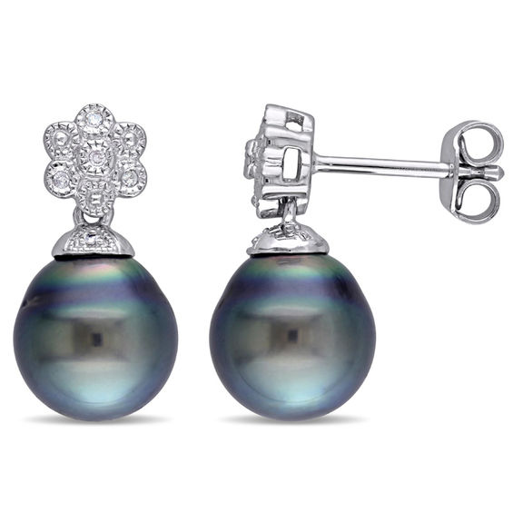 Baroque Black Tahitian Cultured Pearl and 0.04 CT. T.W. Diamond Vintage-Style Floral Drop Earrings in Sterling Silver