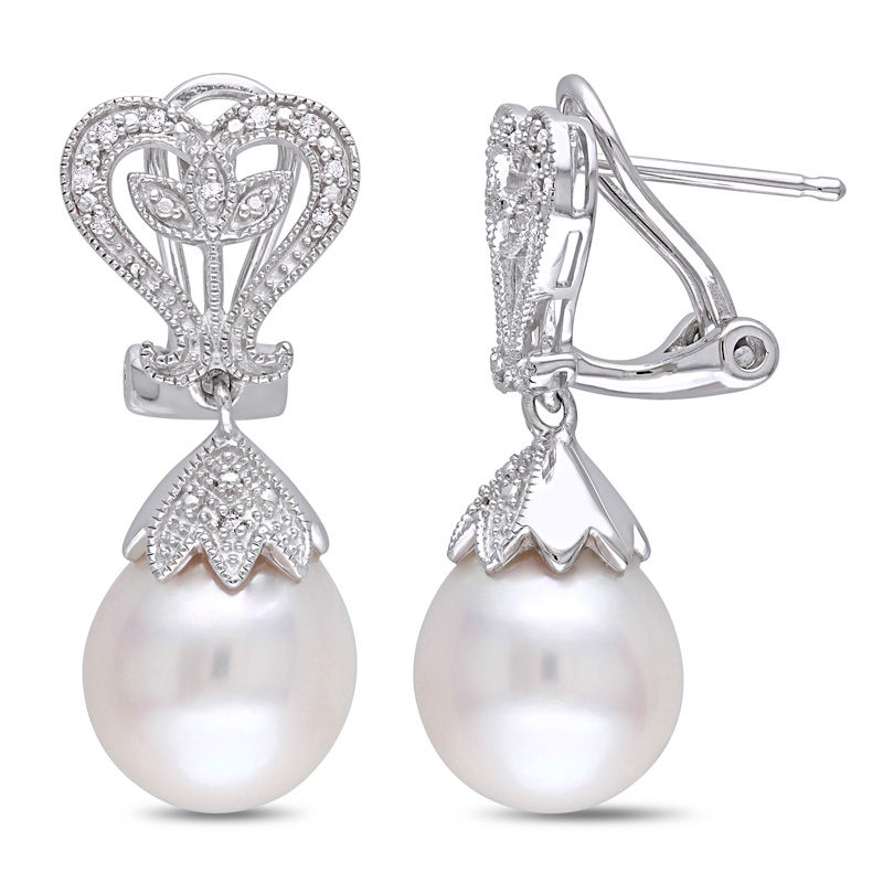 10.0-10.5mm Baroque Freshwater Cultured Pearl and 0.06 CT. T.W. Diamond Vintage-Style Drop Earrings in Sterling Silver