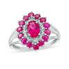 Oval Lab-Created Ruby and Diamond Accent Bead Double Frame Triple Row Ring in 10K White Gold