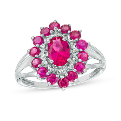 Oval Lab-Created Ruby and Diamond Accent Bead Double Frame Triple Row Ring in 10K White Gold