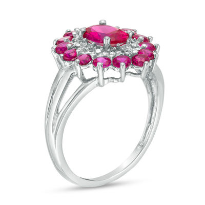 Oval Lab-Created Ruby and Diamond Accent Bead Double Frame Triple Row Ring in 10K White Gold