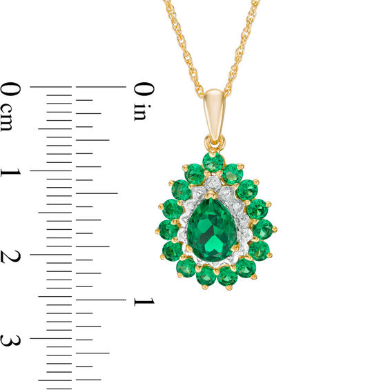 Pear-Shaped Lab-Created Emerald and Diamond Accent Bead Double Frame Pendant in 10K Gold