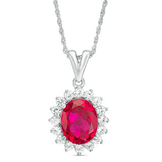 Oval Lab-Created Ruby and White Sapphire Sunburst Frame Pendant in Sterling Silver