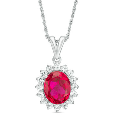 Oval Lab-Created Ruby and White Sapphire Sunburst Frame Pendant in Sterling Silver