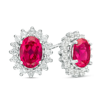 Oval Lab-Created Ruby and White Sapphire Sunburst Frame Stud Earrings in Sterling Silver