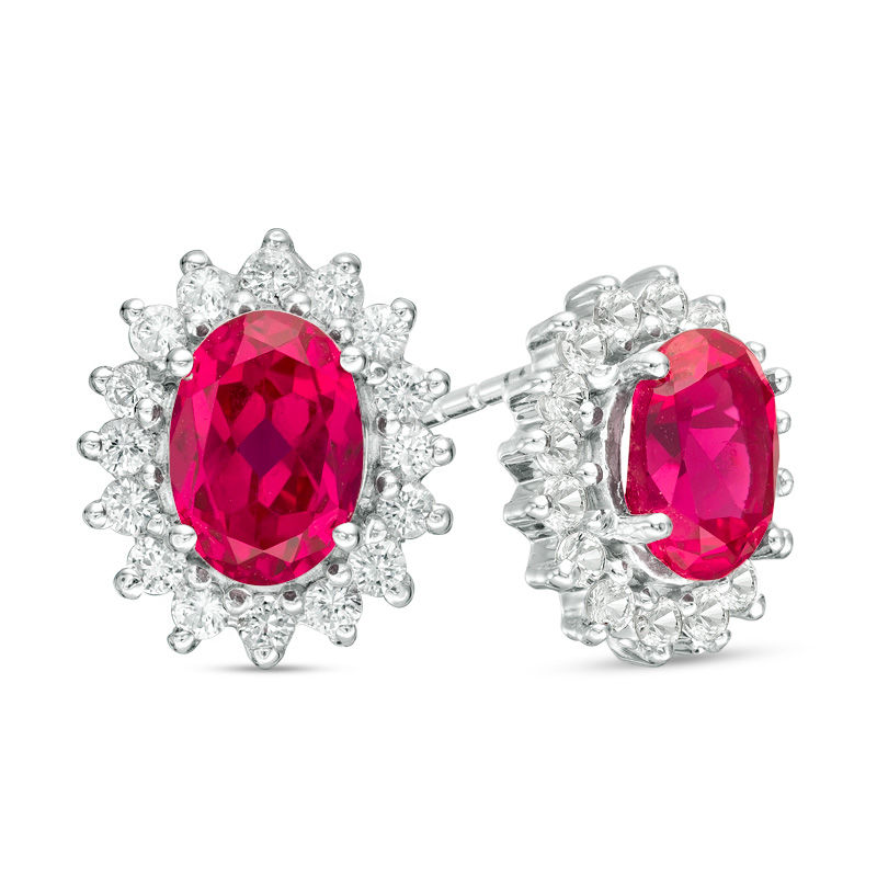 Oval Lab-Created Ruby and White Sapphire Sunburst Frame Stud Earrings in Sterling Silver|Peoples Jewellers