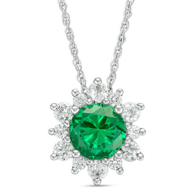 7.0mm Lab-Created Emerald and White Sapphire Sunburst Frame Pendant in Sterling Silver