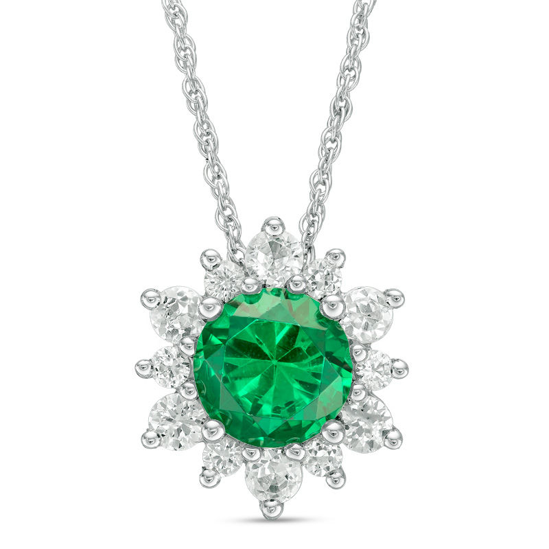 7.0mm Lab-Created Emerald and White Sapphire Sunburst Frame Pendant in Sterling Silver|Peoples Jewellers