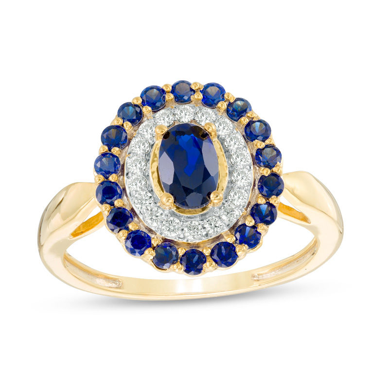 Oval Lab-Created Blue Sapphire and 0.18 CT. T.W. Diamond Double Frame Ring in 10K Gold