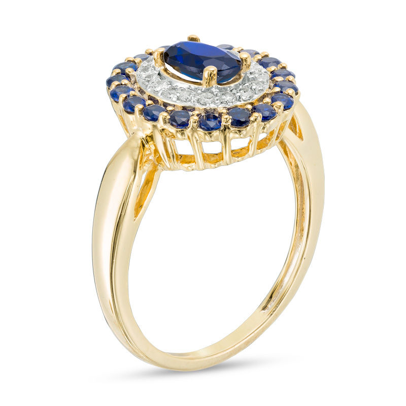 Oval Lab-Created Blue Sapphire and 0.18 CT. T.W. Diamond Double Frame Ring in 10K Gold