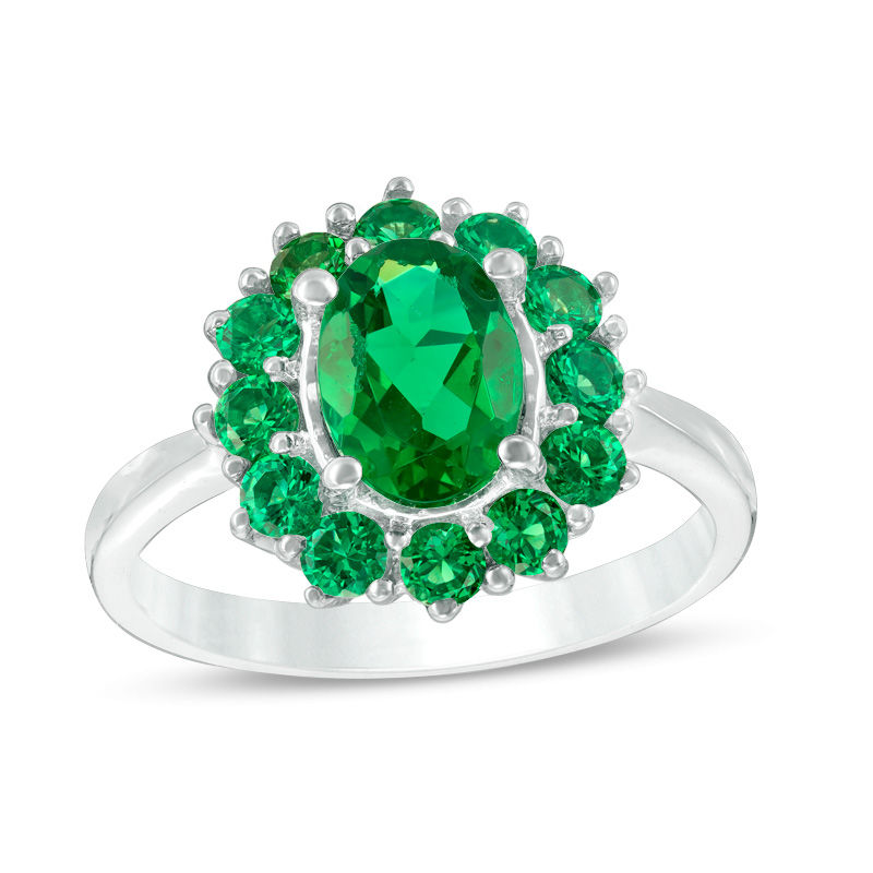 Oval Lab-Created Emerald Sunburst Frame Ring in Sterling Silver|Peoples Jewellers