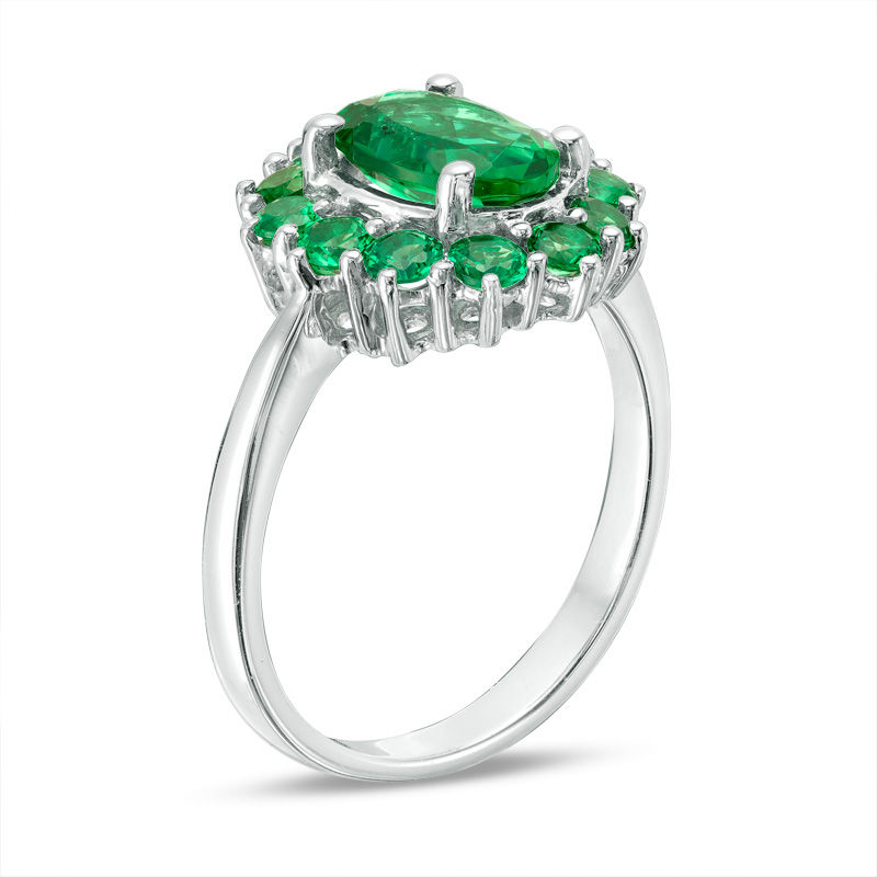 Oval Lab-Created Emerald Sunburst Frame Ring in Sterling Silver|Peoples Jewellers