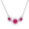 Oval and Round Lab-Created Ruby and White Sapphire Sunburst Frame Three Stone Necklace in Sterling Silver