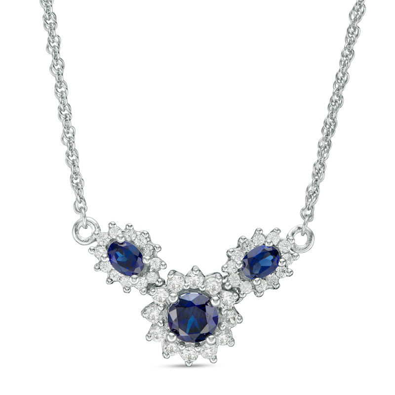 Oval and Round Lab-Created Blue and White Sapphire Sunburst Frame Three Stone Necklace in Sterling Silver|Peoples Jewellers