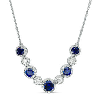 Alternating Lab-Created Blue and White Sapphire Frame Necklace in Sterling Silver