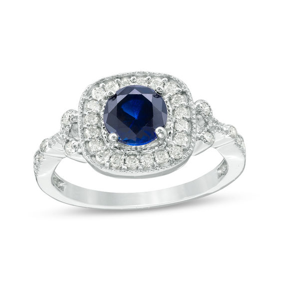 6.0mm Lab-Created Blue Sapphire and 0.23 CT. T.W. Diamond Frame Vintage-Style Engagement Ring in 10K White Gold