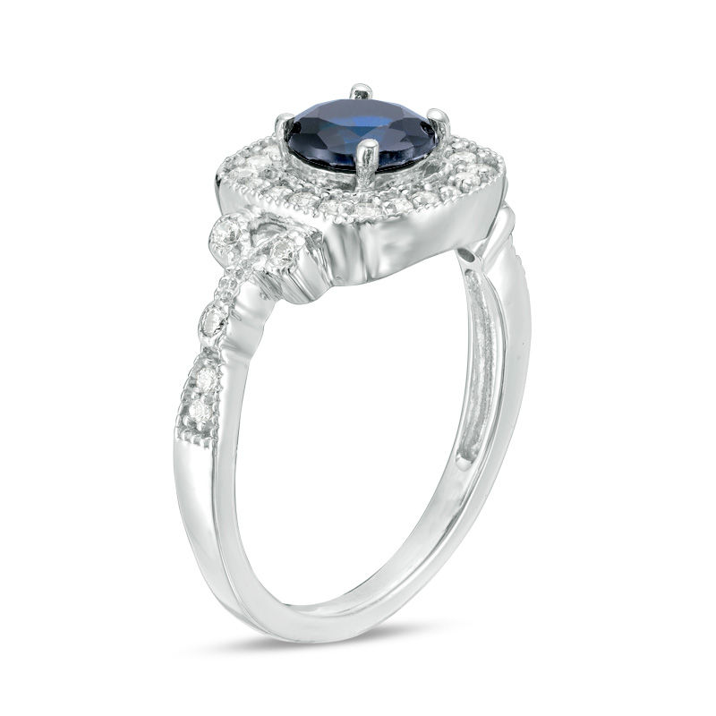 6.0mm Lab-Created Blue Sapphire and 0.23 CT. T.W. Diamond Frame Vintage-Style Engagement Ring in 10K White Gold|Peoples Jewellers