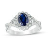 Thumbnail Image 0 of Oval Lab-Created Blue and White Sapphire Scallop Frame Engagement Ring in Sterling Silver